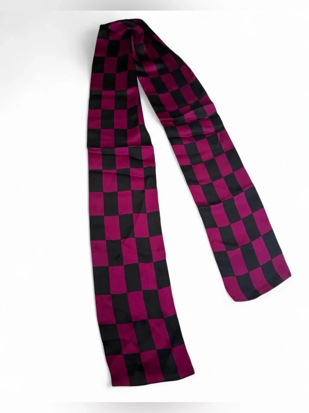 Checkerboard Skinny Scarf in Black and Deep Magenta silk